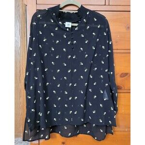Cabi Size Medium Blouse Long Sleeve  Black Sheer Embroidered Flowers Flowy